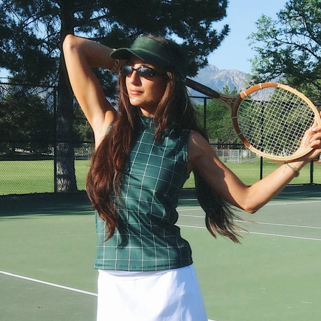 EG mock neck tank evergreen grid