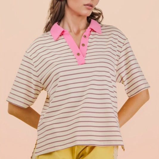 Heritage stripe polo (pink/cream/green)