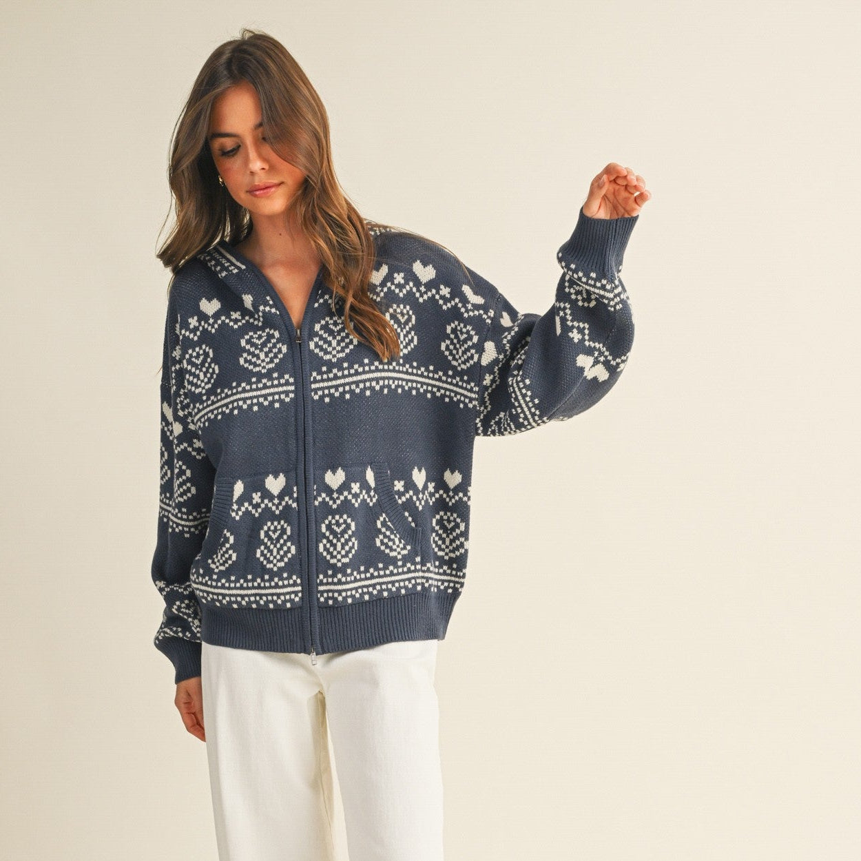 Nordic print sweater zip up