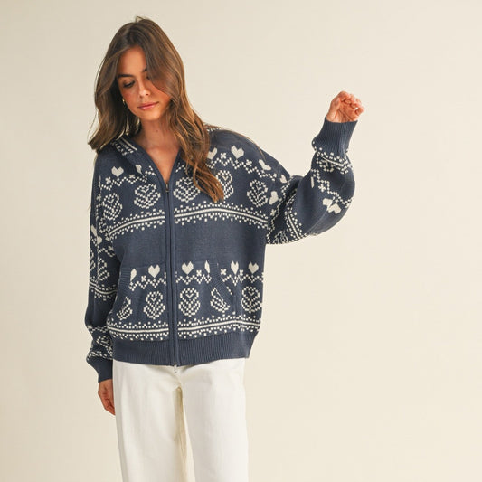 Nordic print sweater zip up