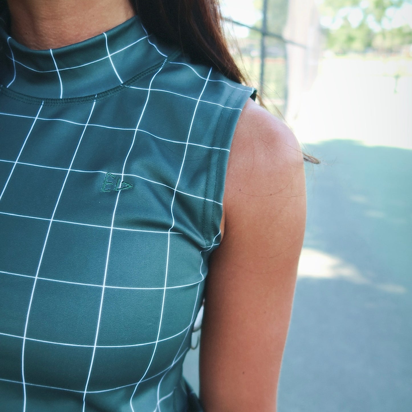 EG mock neck tank evergreen grid