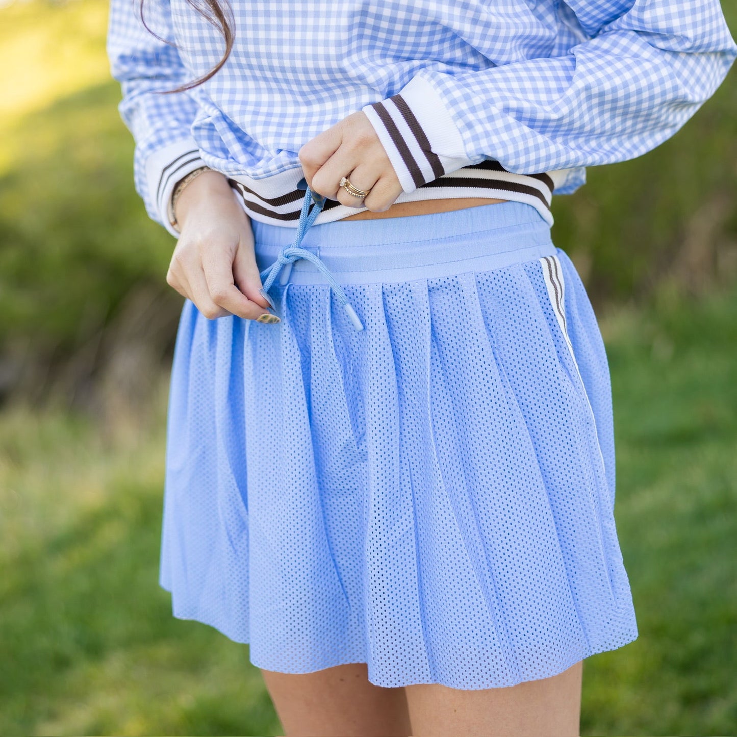 EG pleated jersey mesh skirt - blue