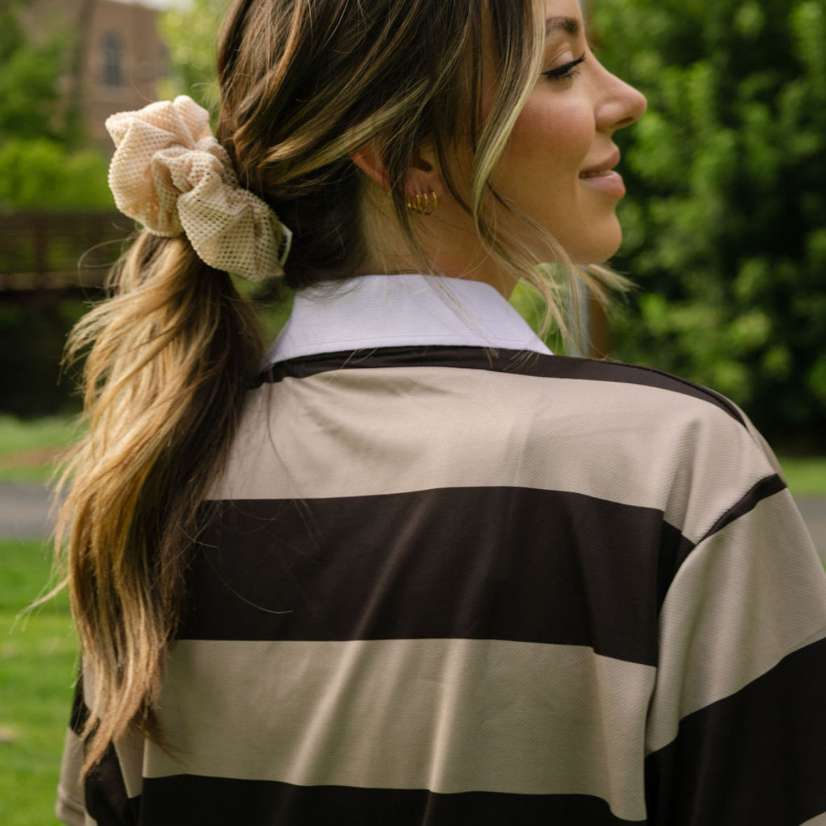 EG Striped oversized drawstring polo - black/tan