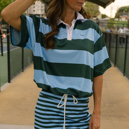 EG Striped oversized drawstring polo - evergreen/sky
