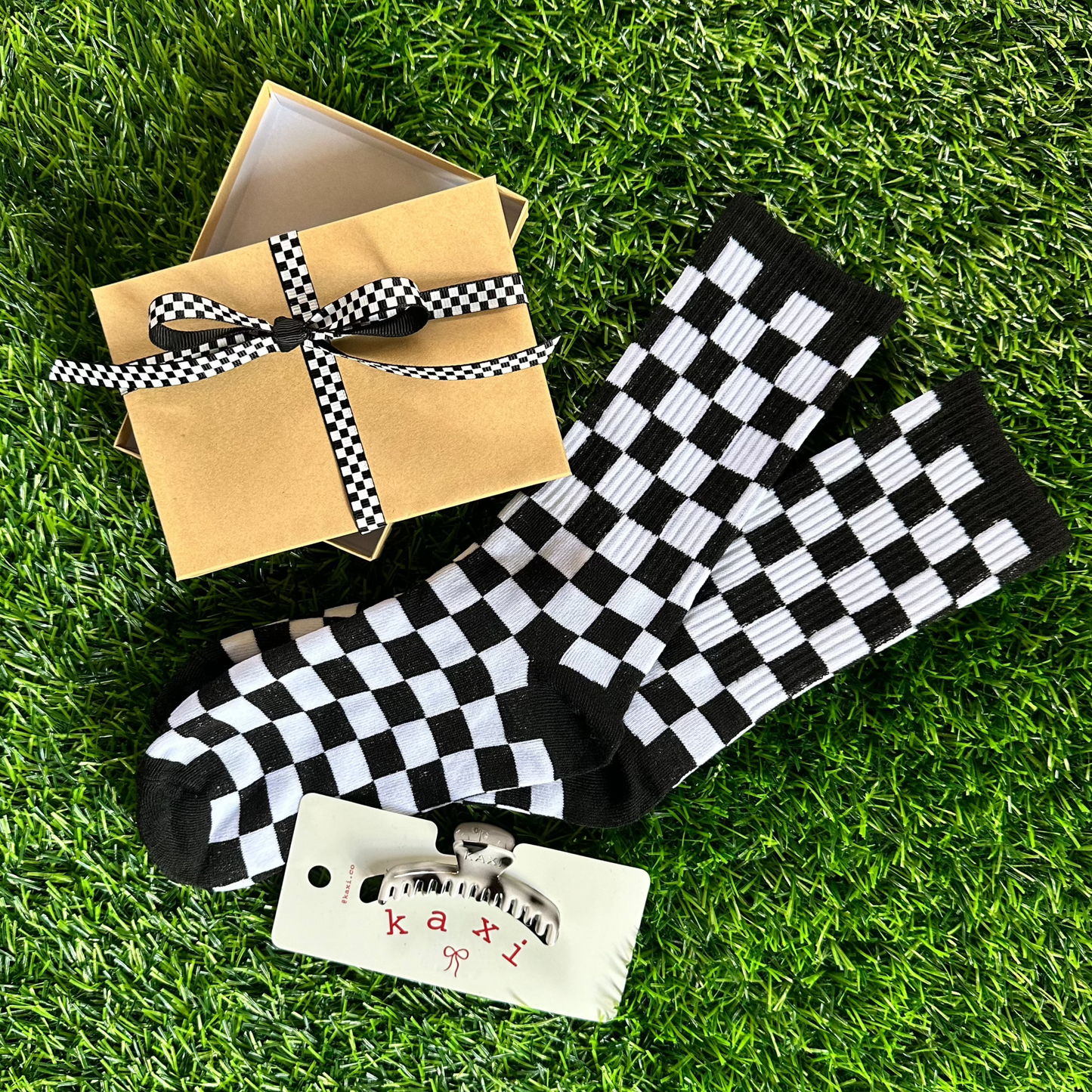 Gift set with checkered socks and mini hold-everything hair claw