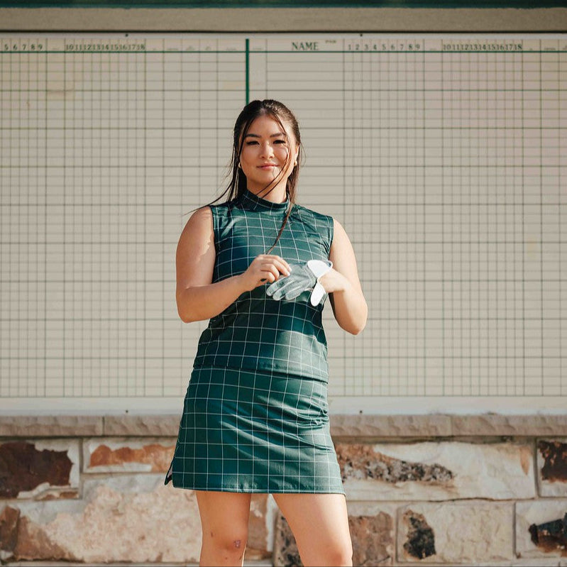 EG mock neck tank evergreen grid