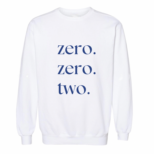 zero. zero. two. Crewneck sweatshirt