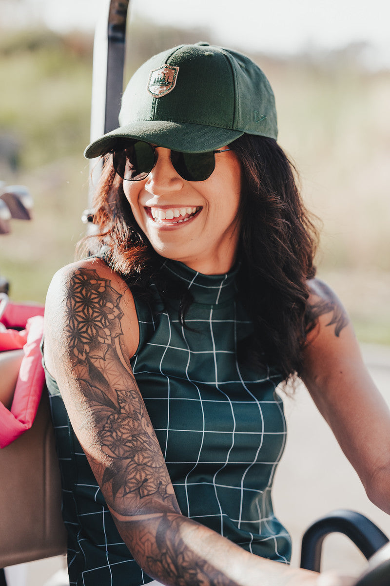 EG mock neck tank evergreen grid