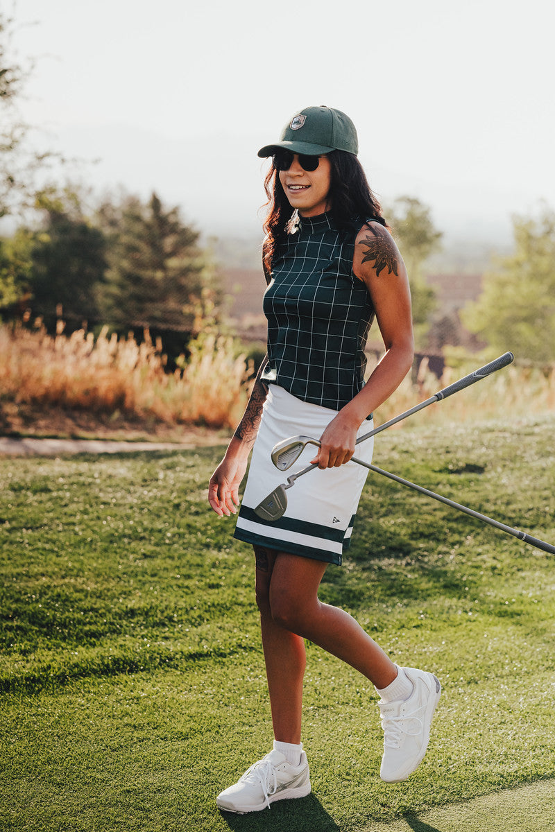 EG mock neck tank evergreen grid