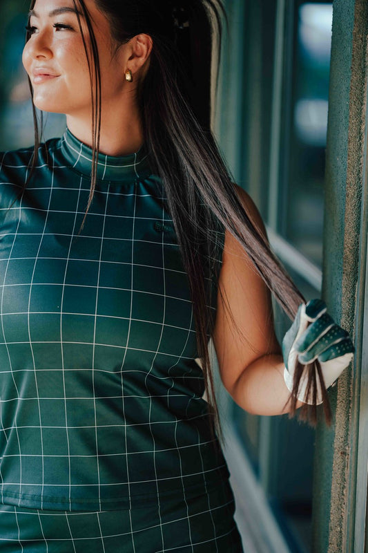 EG mock neck tank evergreen grid